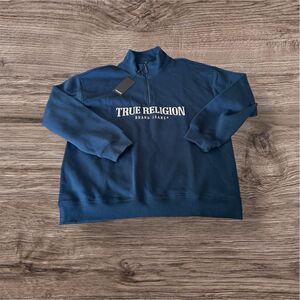 True Religion Mens Size Large Half Zip Sweater Relaxed Night Sky Blue Spell Out